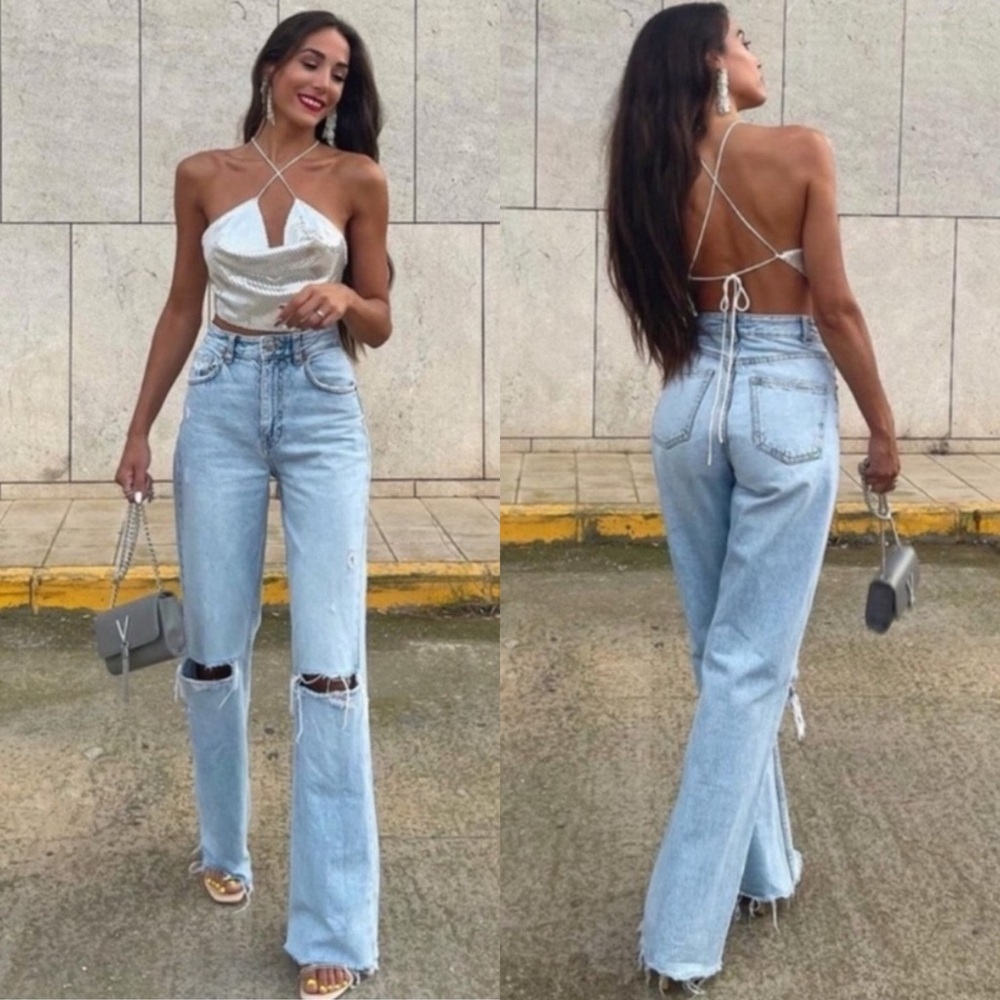 Zara Ultra High Rise Ripped Jeans Light Wash - Picture 2 of 10